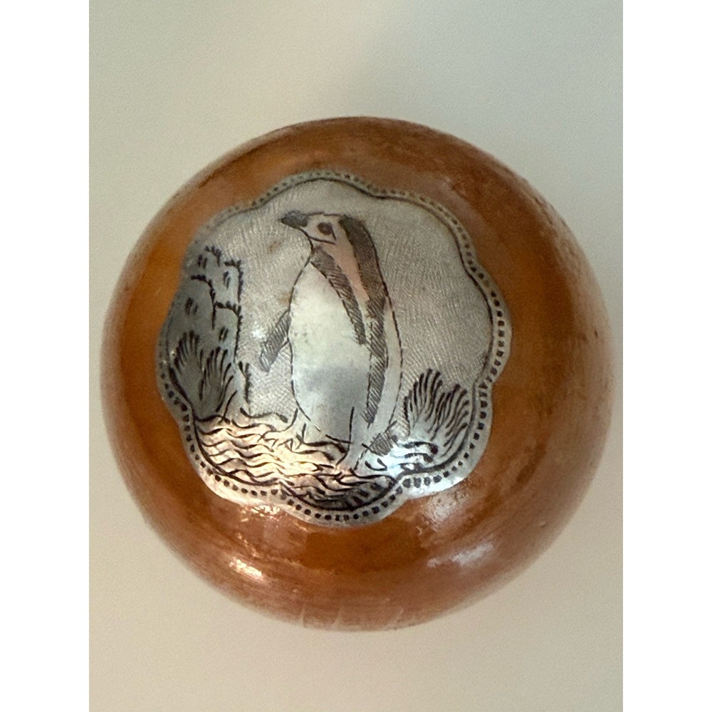 Vintage Round Wooden Trinket Box w Silver Embellished‎ Penguin Lid Thailand NEW